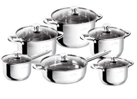 סט כלי בישול פרימיום 12 חלקים Blaumann BL3875W – חמישה סירים ומחבת מנירוסטה מבריקה עם מכסי זכוכית מוצגים על רקע לבן