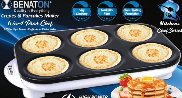 מכשיר להכנת 6 פנקייקים Benaton BT-2066 – מכשיר לבן ושחור עם שישה פנקייקים אפויים וטקסט תיאורי