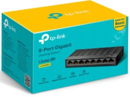 מתג שולחני TP-Link 8 Port 10/100/1000Mbps LS1008G – קופסת אריזה כחולה-צהובה עם תמונת המתג