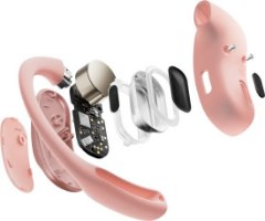 אוזניות אלחוטיות צבע ורוד Shokz OpenFit Air – פירוק מפורט של אוזניית Shokz OpenFit Air אלחוטית ורודה מציג את הרכיבים