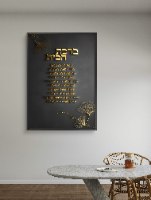 תמונה של ברכת הבית מודפסת על קנבס איכותי, רקע שחור\חום לבחירה והתאמה אישית של גודל ומסגרת.