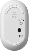 עכבר אלחוטי Logitech POP Emoji – תחתית לבנה עם חיישן אופטי, מתג הפעלה וכפתורי חיבור.