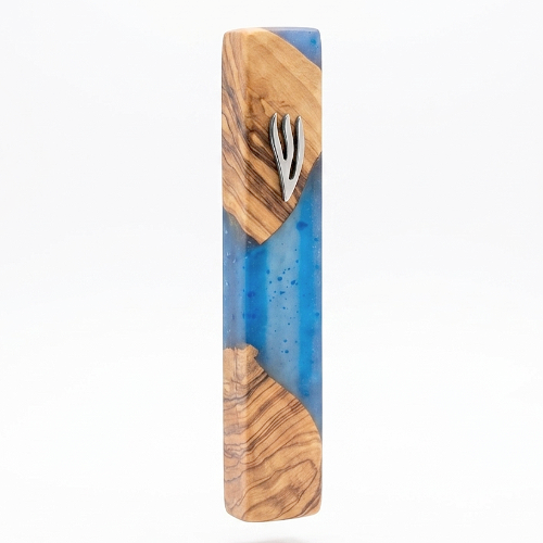 Luxury 15cm Mezuzah – Royal Blue & Olive Wood