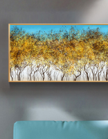 תמונת קנבס מעוצבת הדפס חורש עצים אבסטרקטי "לבלוב הזהב" | תמונה גדולה לבית | תמונת קנבס לרוחב