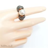 טבעת מכסף משובצת פנינה לבנה ומרקזטים RG5979 | תכשיטי כסף 925 | טבעות עם פנינה