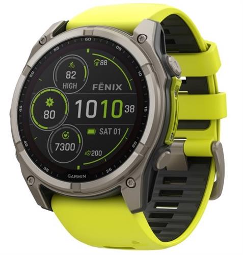 שעון חכם גרמין פניקס 8 Garmin Fenix 8 - Sapphire Solar 51mm - טיטניום אפור קרבון בציפוי DLC עם רצועת סיליקון צהובה