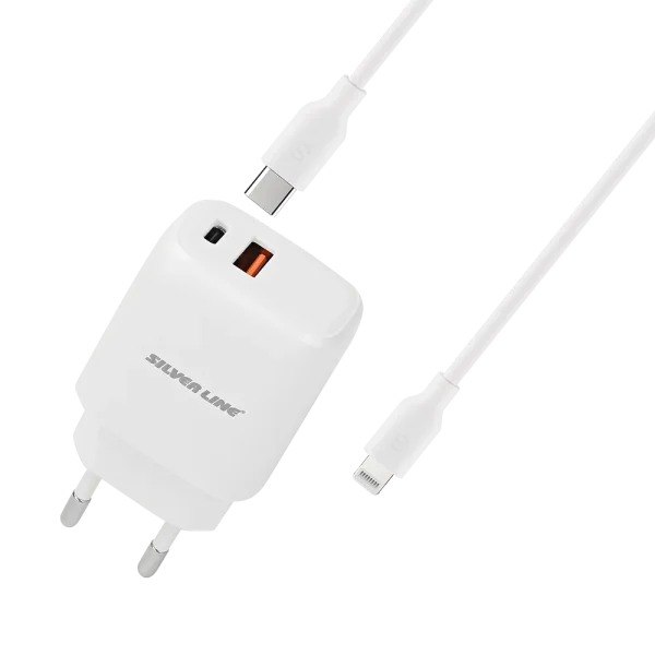 מטען קיר 25W עם כבל Silver Line Lightning MWC250PQ – יחידת טעינה לבנה עם שתי יציאות USB וכבל לבן נפרד