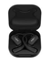 אוזניות אלחוטיות צבע שחור Shokz OpenFit Open-Ear – זוג אוזניות אלחוטיות שחורות נמצאות בתוך קייס הטעינה הפתוח שלהן