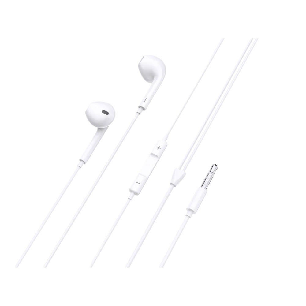 אוזניה חוטית Miracase MEPL3.5 – אוזניות תוך-אוזן לבנות וחוטיהן מונחות על רקע לבן