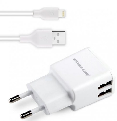 מטען קיר Silver Line SWC244 עם זוג חיבורי USB וכבל טעינה