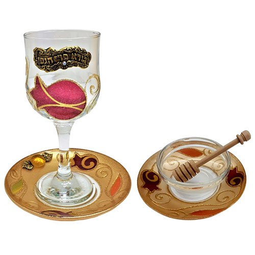 סט גביע קידוש זכוכית + כלי דבש מעוטר ספירלת רימון