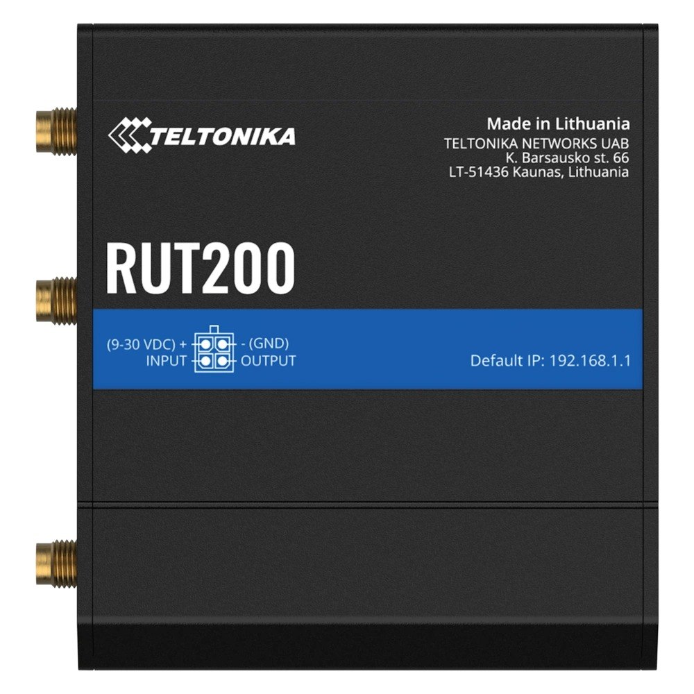 נתב סלולרי תעשייתי Teltonika RUT200 – Wi-Fi מכשיר שחור עם שני מחברי אנטנה גלויים ופרטי יצרן בחזיתו