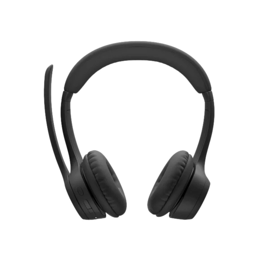 אוזניות אלחוטיות צבע שחור Logitech Zone 300 – Bluetooth אוזניות שחורות עם מיקרופון מורחב מוצגות בחזית על רקע לבן