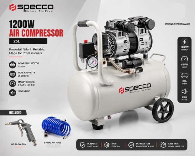 קומפרסור שקט SPECO + אקדח אוויר וצינור במתנה!