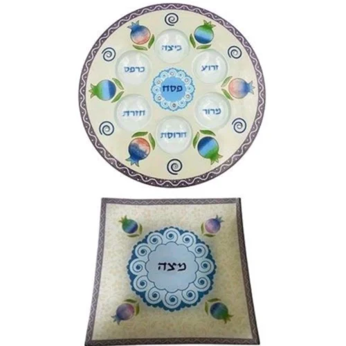 סט צלחת פסח ומגש מצות דגם רימון סאטן