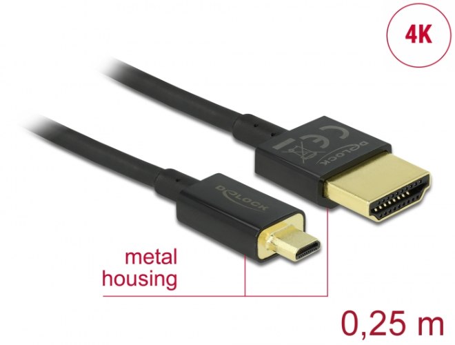 כבל מסך Delock Slim Cable High Speed Ethernet HDMI To Micro HDMI 3D 4K 0.25 m