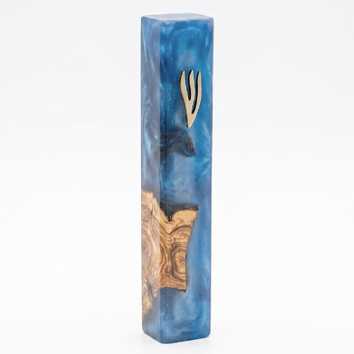 Handcrafted Designer Mezuzah Case: Olive Wood and Sky Blue