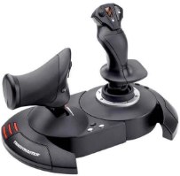 בקר טיסה עם מצערת Thrustmaster T.Flight Hotas X PS3/PC – מציג בקר טיסה שחור עם ג ויסטיק ויחידת מצערת נפרדת על רקע לבן