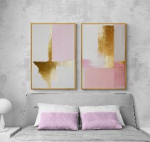 "Rose&Gold" - זוג תמונות אבסטרקט מודפסות על בד קנבס מתוח וממוסגר, מגוון גדלים למגוון חללים