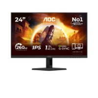 מסך גיימינג 23.8 אינץ' Aoc 24G4ZRE – HDMI מסך שחור על מעמד מציג מסך משחק עם נתוני ביצועים בולטים על רקע