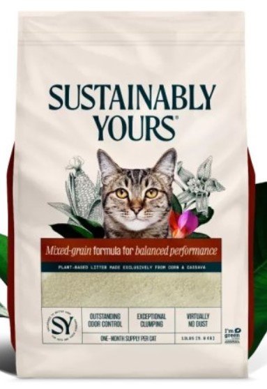 חול מתגבש לחתולים גרגירים מעורבים 5.9 ק''ג Sustainably Yours – שק חול בצבע קרם עם איור חתול וצמחים בולטים בחזית