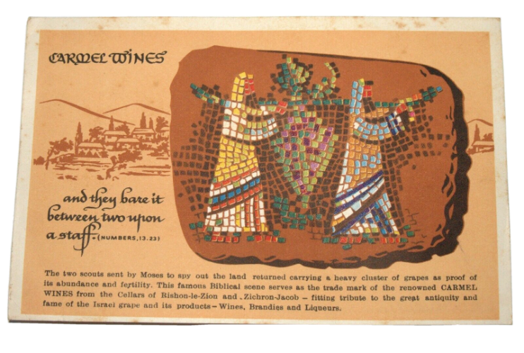 גלויה של יינות כרמל מזרחי עם פרסומת לסניפים שלהם בחול, וינטאג', תחילת שנות ה- 60, ישראל