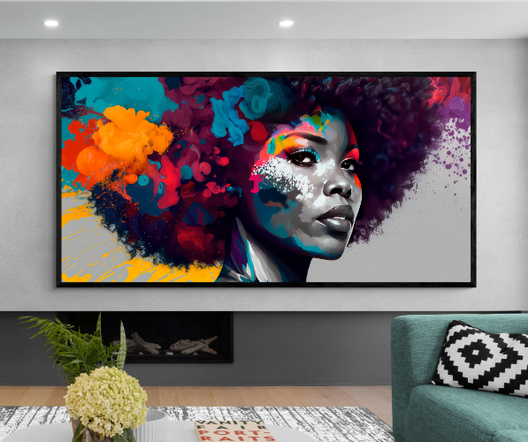 "Kim" ציור דמות אפריקאית עם שיער אפרו צבעוני מודפס על בד קנבס, עם או בלי מסגרת | תמונה גדולה לסלון