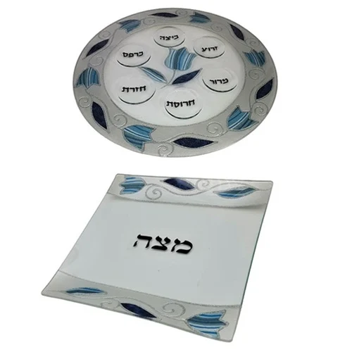 סט צלחת פסח ומגש מצה תואם דגם טוליפ גווני כחול