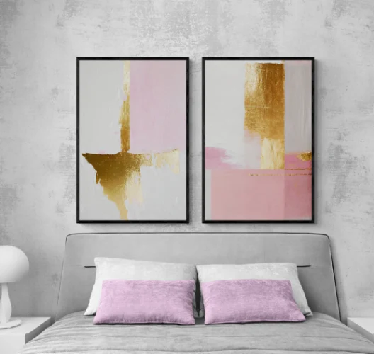 "Rose&Gold" - זוג תמונות אבסטרקט מודפסות על בד קנבס מתוח וממוסגר, מגוון גדלים למגוון חללים