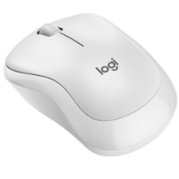 עכבר אלחוטי צבע לבן Logitech M240 Silent – העכבר הלבן נראה בזווית עליונה עם גלגלת גלילה וסמל לוג יטק