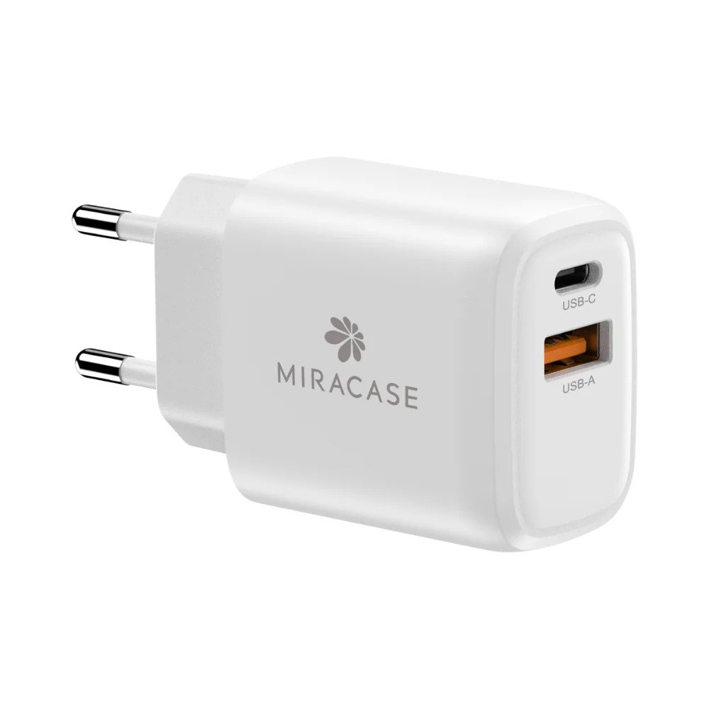 מטען קיר Miracase MWC20PQ2 20W – מטען קיר לבן בודד עם יציאות USB-A ו-USB-C