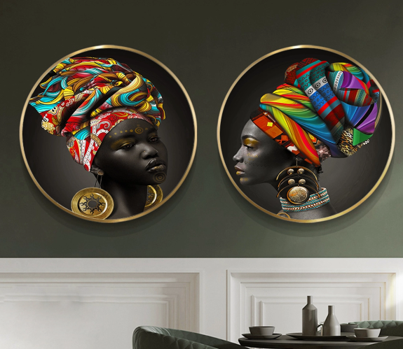 להיט! זוג תמונות עגולות מעוצבות לבית ולמשרד | הדפס "אפריקאית צבעונית" | הדפסה על קנבס או זכוכית