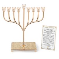 חנוכיה "אור הזהב" מתכת זהב עם בסיס קריסטל ופלקטה 37 סמ