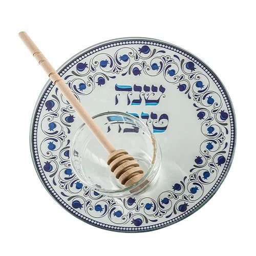 צלחת זכוכית לדבש עם רימונים