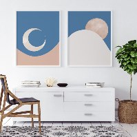 "שמש וירח" זוג תמונות קנבס נוף מינימאליסטי בסגנון מיד סנצ’ורי מודרני בצבעי כחול ובז'