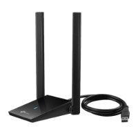 כרטיס רשת Tp-Link Archer TX20U Plus AX1800 USB – פריט בודד שחור עם שתי אנטנות ניצבות נורית כחולה וכבל USB Wi-Fi