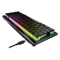 מקלדת גיימינג אלחוטית Turtle Beach Vulcan II Mini Air – מקלדת שחורה מוארת ב-RGB עם כבל USB-C מחובר על רקע לבן