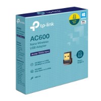 מתאם רשת אלחוטי Tp-Link USB Archer T600U Nano AC600 – קופסת המוצר הכחולה-תכלת מציגה את המתאם הקטן ואת תכונותיו הבולטות