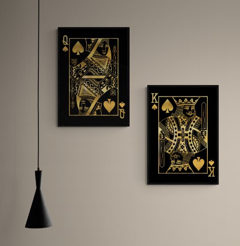 "Golden Royalty" זוג תמונות קנבס מיוחדות לחדר השינה והסלון בהשראת המלך והמלכה מהקלפים הקלאסיים