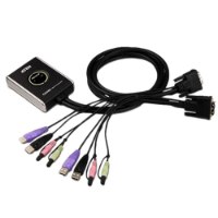 קופסת מיתוג 2 ערוצים Aten CS682 2-Port USB DVI/Audio Cable KVM – המכשיר השחור-כסוף וכבלים עם מחברי USB ו-DVI על רקע לבן