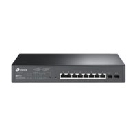 מתג מנוהל Omada SG2210MP +PoE – מתג רשת שחור עם 8 פורטי גיגהביט ושני פורטי SFP נראה במבט קדמי