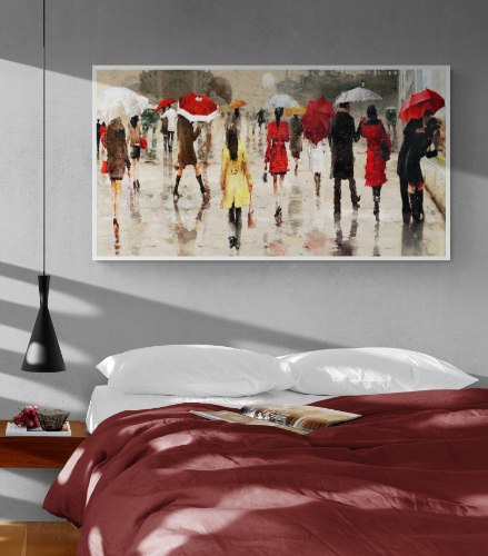 "Rain In Paris" הדפס ציור של רחוב פריזאי באוירה גשומה וחמימה |תמונת קנבס לסלון או לכל קיר גדול