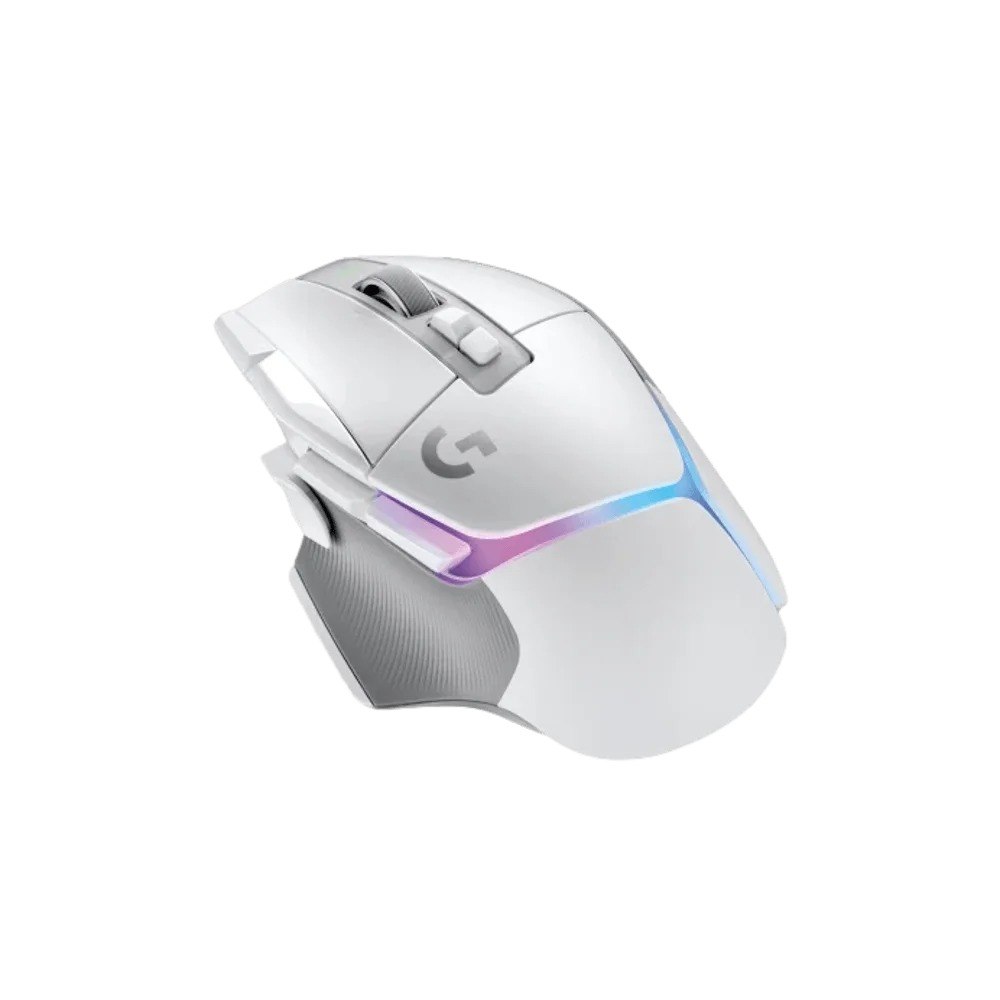 עכבר גיימינג אלחוטי צבע לבן Logitech G502 X Plus – עכבר לבן עם תאורת RGB צבעונית מונח באלכסון