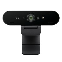 מצלמת רשת Logitech Brio 4K – מצלמה שחורה אחת ניצבת עם חצובה מובנית ואינדיקטור לבן מואר USB