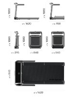 הליכון מתקפל WalkingPad X218 – אינפוגרפיקה עם שישה מבטים של ההליכון פתוח ומקופל מציגה מידות