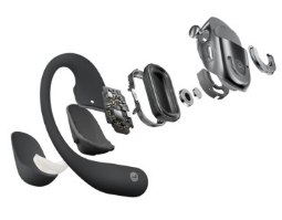 אוזניות ספורט אוזן-פתוחה אלחוטיות +Shokz OPENFIT 2 – תצוגה מפורקת של אוזנייה אחת אלחוטית באפור כהה חושפת רכיבים פנימיים