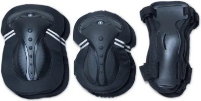 סט מגנים מידה S Globber Protective Set – שני מגני ברכיים או מרפקים שחורים עם פסים לבנים ומגן שורש כף יד שחור