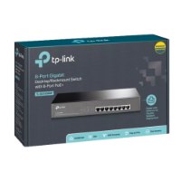 מתג 8 פורטים Tp-Link TL-SG1008 Gigabit – קופסת אריזה בצבע אפור כהה של מתג רשת המציגה את המוצר