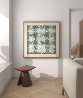 "Sage Maze.01" –תמונה מרובעת מינימאלסטית מודרנית אבסרקט בגווני ירוק בהיר ובז' בהיר לחלל מודרני