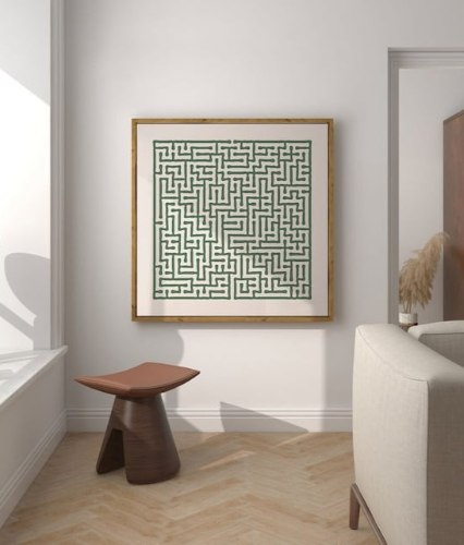 "Sage Maze.01" –תמונה מרובעת מינימאלסטית מודרנית אבסרקט בגווני ירוק בהיר ובז' בהיר לחלל מודרני